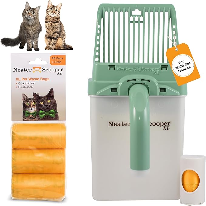 Neater Pet Brands Neater Scooper XL Cat Litter Scoop, 60 Refill Bags – Extra-Large Capacity Mess-Free Cat Litter Scooper with Bag for Large & Multiple Cats, Spill-Proof Litter Box Scooper with Holder