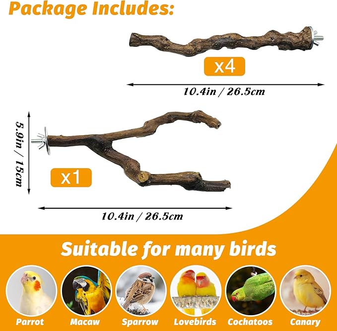 kathson 5pcs Natural Parrot Perch for Cage Wooden Bird Perches Grape Bird Stick Parakeet Climbing Standing Branches Toy Chewable Cage Accessories for Small Budgies Cockatiels Lovebirds Budgies
