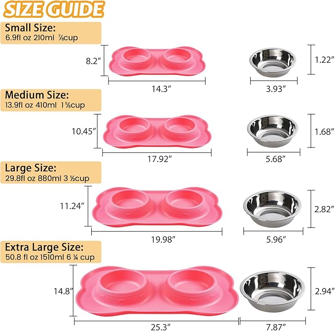 Hubulk Pet Dog Bowls 2 Stainless Steel Dog Bowl with No Spill Non-Skid Silicone Mat + Pet Food Scoop Water and Food Feeder Bowls for Feeding Small Medium Large Dogs Cats Puppies (Large, Pink)