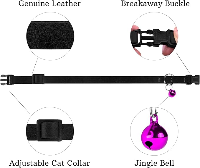 Breakaway Cat Collar Leather with Removable Bell - 13 Colors Available - Soft Adjustable Girl Boy Safety Lightweight Pet Kitten Collars Pink Brown Blue Green Red Orange Black (Black)
