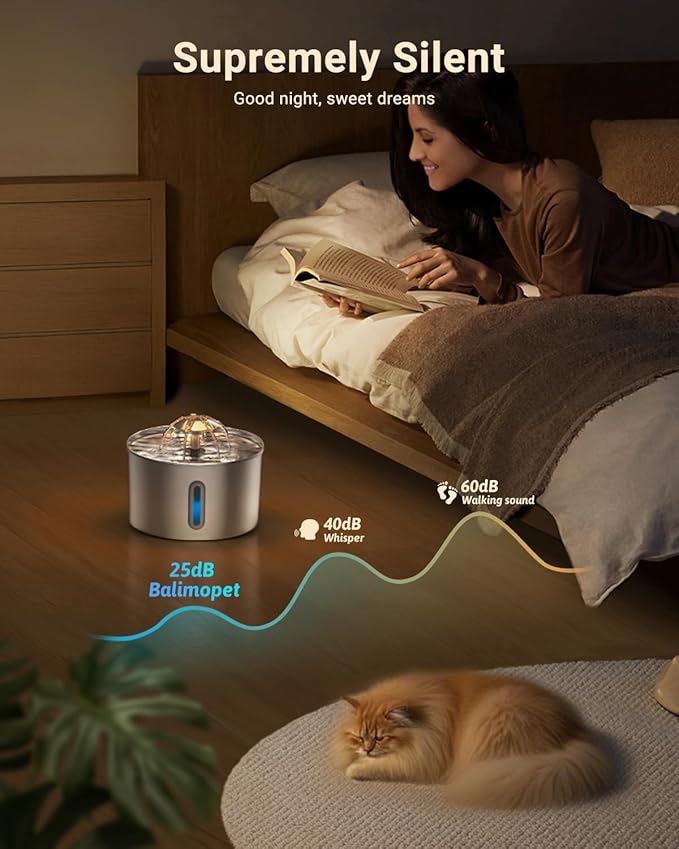 Cat Water Fountain Stainless Steel - 74oz/2.2L Corded Pet Water Dispenser Automatic Silent Cats Dispenser for Drinking Inside Indoor Metal Kitty Spout Fountain with 6 Filters & 6 Sponges