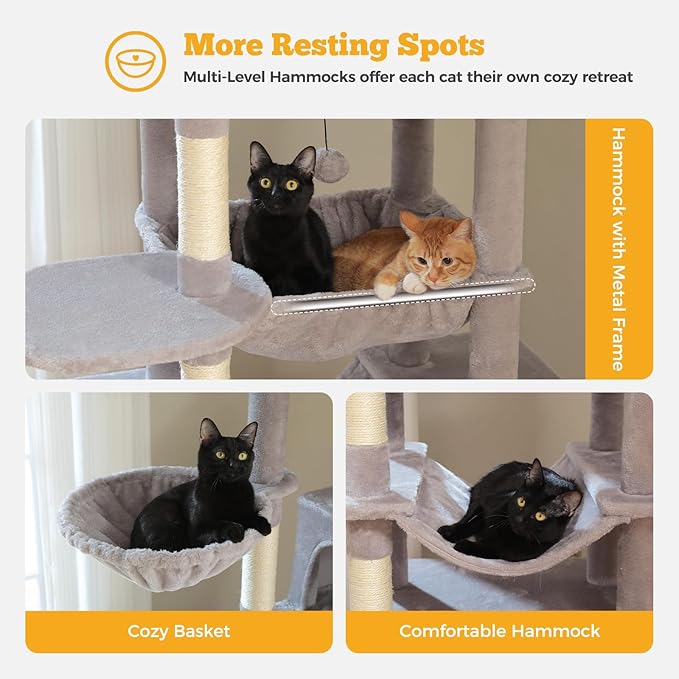 81" Heavy Duty Cat Tree for Large Cats up to 20lbs - Extra Tall Cat Tower with Metal Frame Hammock, 6 Sisal Scratching Posts, 2 Perches - Indoor Cat Furniture for Maine Coon, Big Cats, Gray