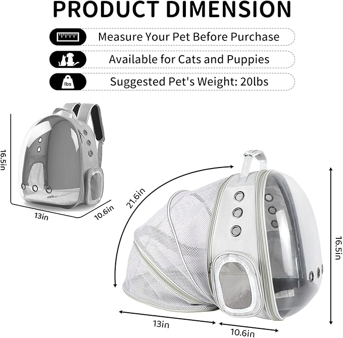 Cat Backpack Carrier, Back Expandable Pet Backpack with Bubble Window, Airline Approved Pet Travel Bag for Small/Medium Cats & Puppies, Hiking, Camping, Outdoor Use (Grey)