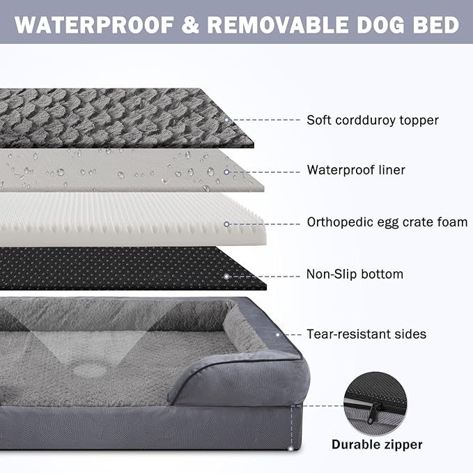 INVENHO Orthopedic Large Dog Bed, Washable Waterproof, Egg-Crate Foam Dog Couch Bed with Washable Removable Cover, Waterproof Lining and Nonskid Bottom