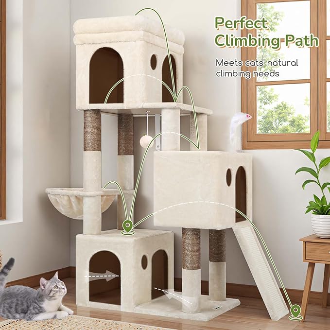 Globlazer Cat Tower for Multiple Indoor Cats, 52 inch Heavy Duty Cat Tree with 3 Condos, Plush Cat Condo with Scratching Posts and Pad for Adult Cats Kitten, Padded Top Perch, Basket Bed, F52B, Beige