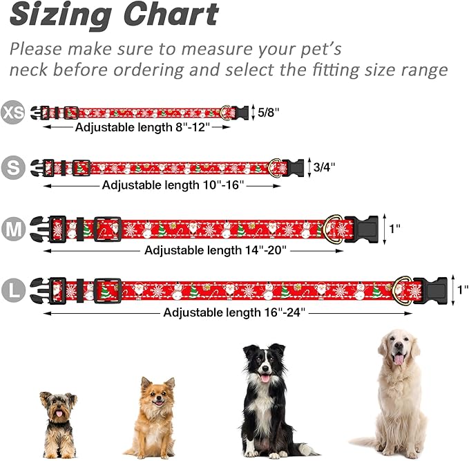 Reflective Dog Collar - Cute Christmas Style for Small Dogs, Soft Nylon Puppy Collar with Adjustable Size and Quick Release Buckle - Red XS
