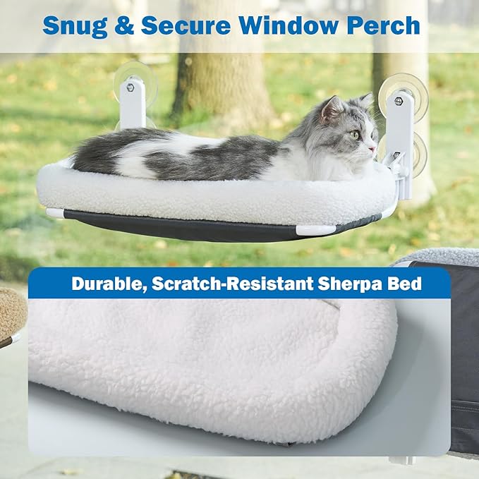 Zakkart Foldable Cat Hammock for Window - Cordless, Embeded Machine Washable Bed, Robust Metal Frame - Cat Window Perch for Large Cats and Kittens (White Bolster Bed, Large)