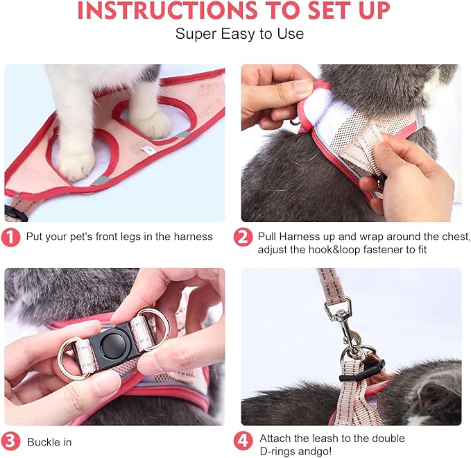 Cat Harness and Leash Set, Soft and Breathable Vest with Reflective Strip, Escape Proof Kitten Harness, Easy to Wear for Cats Walking and Traveling (Pink, M)