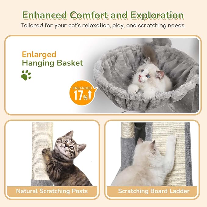 Globlazer Cat Tower for Multiple Indoor Cats, 52 inch Heavy Duty Cat Tree with 3 Condos, Plush Cat Condo with Scratch Posts and Pad for Adult Cats Kitten, Padded Perch, Basket Bed, F52B, Light Grey