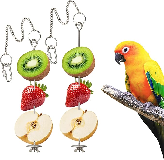2 Pcs Chain Clauses Bird Cage Food Holder Stainless Steel Parrot Fruit & Vegetable Skewer Hanging Foraging Toy for Parakeets, Budgies, Macaws