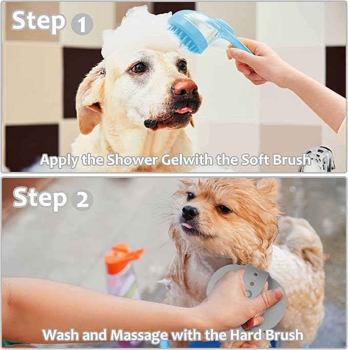 (6 Pcs) ELEGX Pet Grooming Bath Massage Brush with Soap and Shampoo Dispenser Soft Silicone Bristle for Long Short Haired Dogs Cats Shower