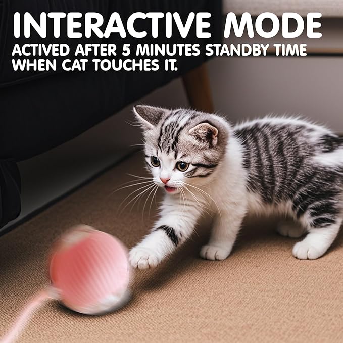 Rocfish Durable Interactive Cat Toys for Indoor Cats, Smart Automatic Cat Chase Ball Toy, Upgraded Speedy Tail Kitten Toy for Bored Indoor Adult Pets (Pink)