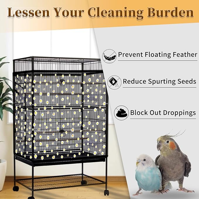 Daoeny Bird Cage Seed Catcher, Large Bird Cage Cover, Adjustable Soft Airy Nylon Mesh Net, Birdcage Cover Skirt Seed Guard for Parrot Parakeet Macaw African Round Square Cages (Black, Daisy Design)