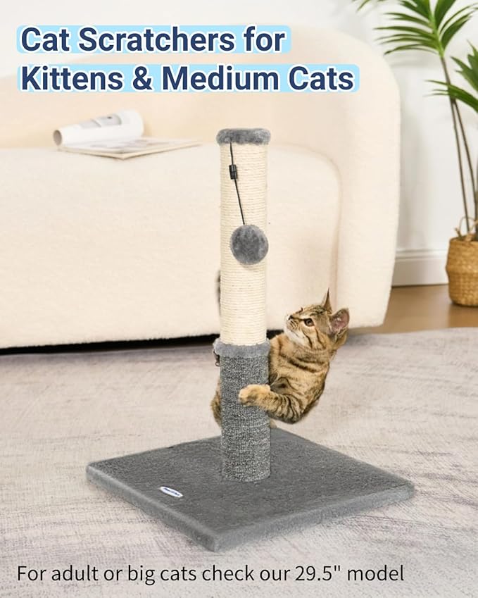Happi N Pets Cat Scratching Post, Cat Scratcher for Indoor Cats, Sisal Scratching Post & Carpet Post in One, Stable Kitten Scratching Post with Replaceable Toy, Extra Free Toy, Light Gray