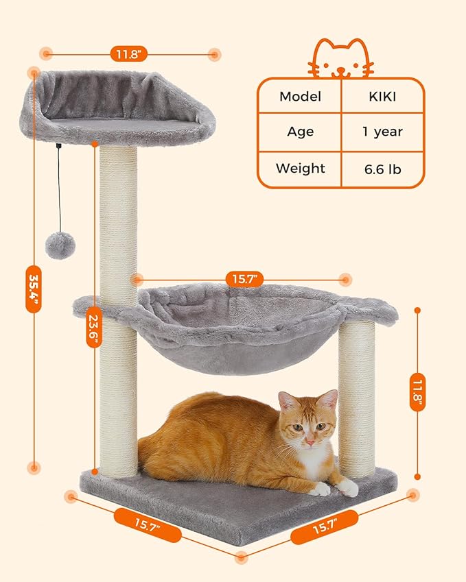 Cat Tree 28", Cat Scratching Post with 15.7" Large Cat Hammock Bed for Indoor Small Cats, Grey