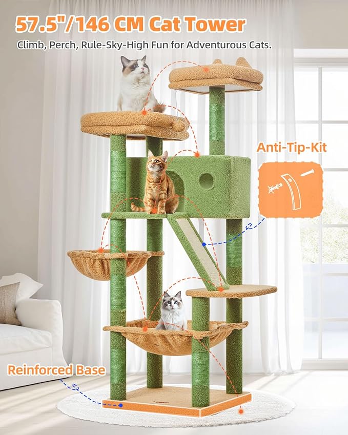 Taoqimiao Cactus Cat Tree, 57.5-Inch Cat Tower for Indoor Cats Large Adult, Extra Large Cat Condo, 8 Sisal Scratching Posts, Metal Frame Cozy Hammock, Durable Scratch Board, 2 Top Perches, MSC026