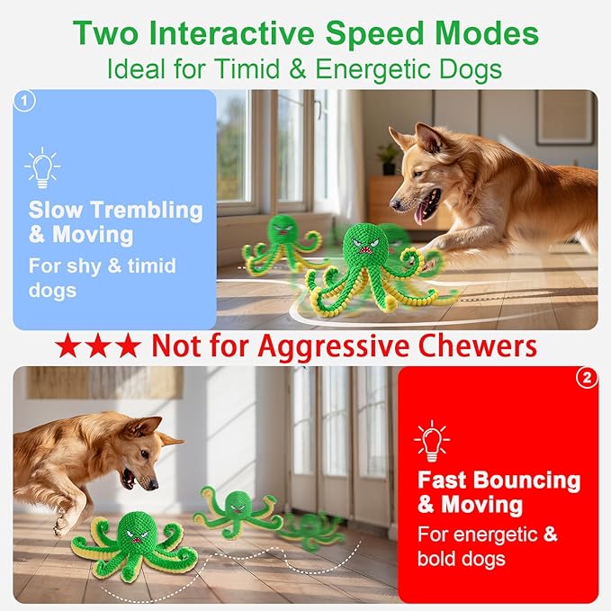 Interactive Dog Toys Octopus,Durable Automatic Jumping Dog Toy to Keep Them Busy,Squeaky Moving Tug of War Doggie Toy,USB Rechargeable,Not for Aggressive Chewers (Green)