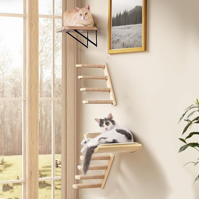 Cat Wall Shelves Set with Sisal Cats Stairs, 4 Piece Wooden Climbing Furniture with Scratchable Curved Bed, Flat Shelf & 2 Cat Wall 4-Steps Ladders