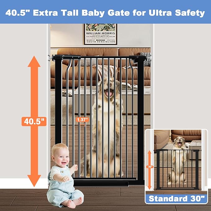 40.5" Extra Tall Baby Gate No Drill, 54.7"-60.2" Extra Wide Dog Pet Gate Indoor Outdoor, Safety Child Toddler Gate, Metal Tension Auto Close No Climb Fence Pet Cat Gate for Stairs, Black