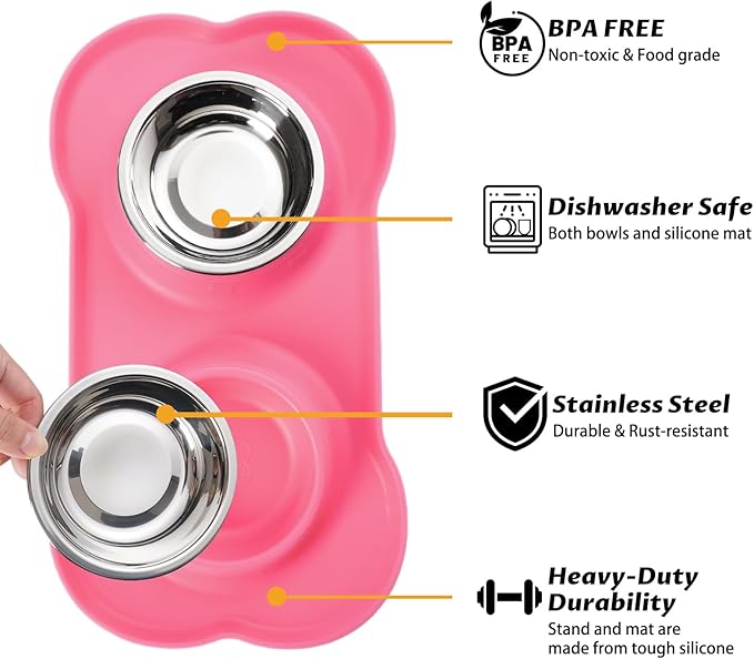 Hubulk Pet Dog Bowls 2 Stainless Steel Dog Bowl with No Spill Non-Skid Silicone Mat + Pet Food Scoop Water and Food Feeder Bowls for Feeding Small Medium Large Dogs Cats Puppies (M, Pink)
