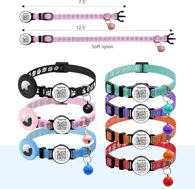 Airtag Cat Collar Breakaway with Bell & Reflective Design - Cute Paw Print Kitten Collar with Apple Airtag Holder & Safety Buckle - Perfect Pet Supplies, QR Code & Gifts for Girl & Boy Cats (Pink)