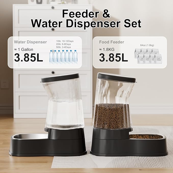 Automatic Pets Gravity Feeder and Water Dispenser Set with Stainless Steel Bowl, 1Gallon x 2 Stable Dog Food Feeder and Waterer, 100% BPA-Free for Small&Medium Dogs, Cats, Puppies(Black)