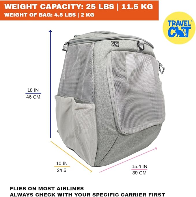Travel Cat Navigator Carrier Bag - Premium Cat Backpacks for Carrying Cats, Travel, Hiking, Outdoor Use - Grey Mesh Backpacks for Small, Medium, Large Cats up to 25 LBS with Side Pockets, Zipper Clips