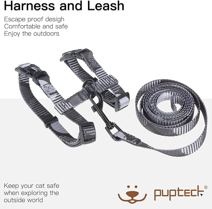 PUPTECK Adjustable Cat Harness and Leash Set Escape Proof Kitten Strap Collar for Walking Travel, Printed Dark Grey