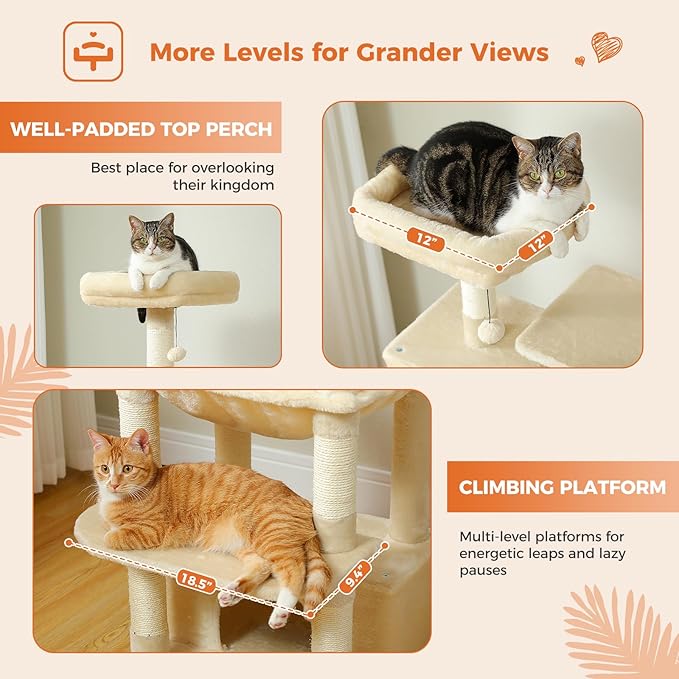 Cat Tree for Indoor Cats, 64.5" Tall Cat Tower with 2 Cozy Condos, Scratching Posts, Large Hammock and Dual Padded Perches, Multi-Level Activity Center for Large Cats, Beige