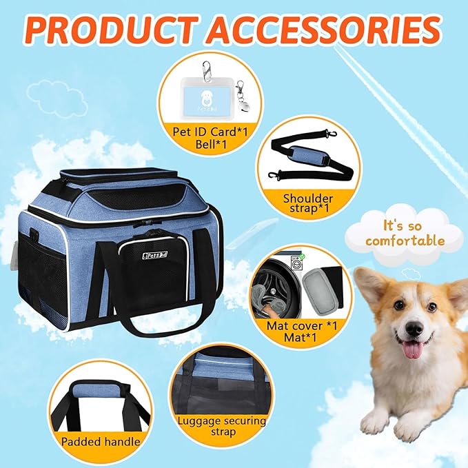 Petskd Top-Expandable Pet Carrier 17x12x8.5 Inches JetBlue Allegiant Spirit Airline Approved, Soft-Sided Carrier for Small Cats and Dogs with Locking Safety Zippers and Anti-Scratch Mesh(Blue)
