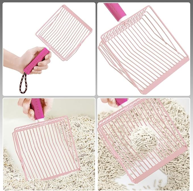Cat Litter Scoop, 2-in-1 Detachable Ergonomic Handle, Metal, Bar Grid Shape with Suspendable Cord (Pink)