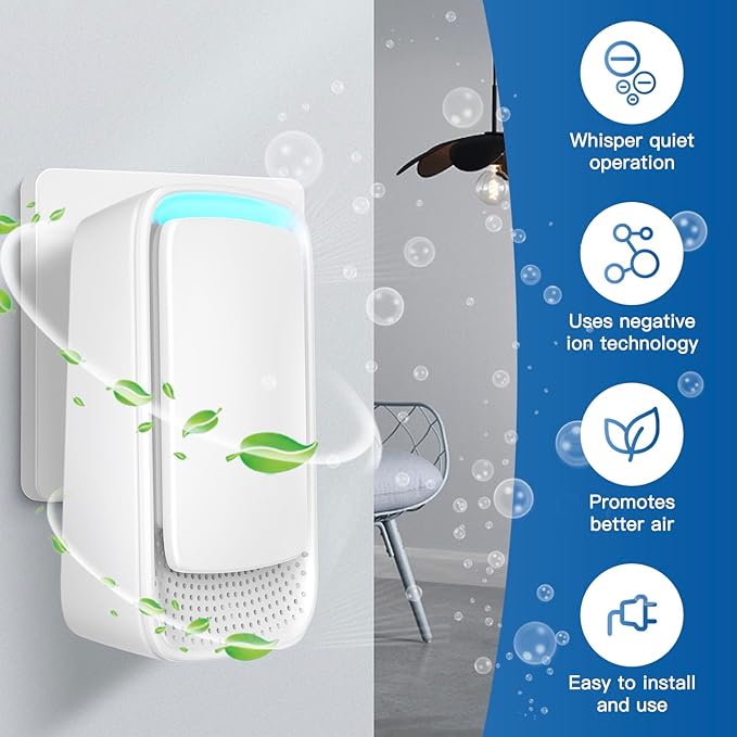 Plug In Air Ionizers - Negative Ion Technology Air Purifier - Quiet Operation Air Freshener for Home, Bedroom, Office, Garage Room - Portable Air Purifiers Odor,Pets Smell - Air Cleaner White (2 Pack）