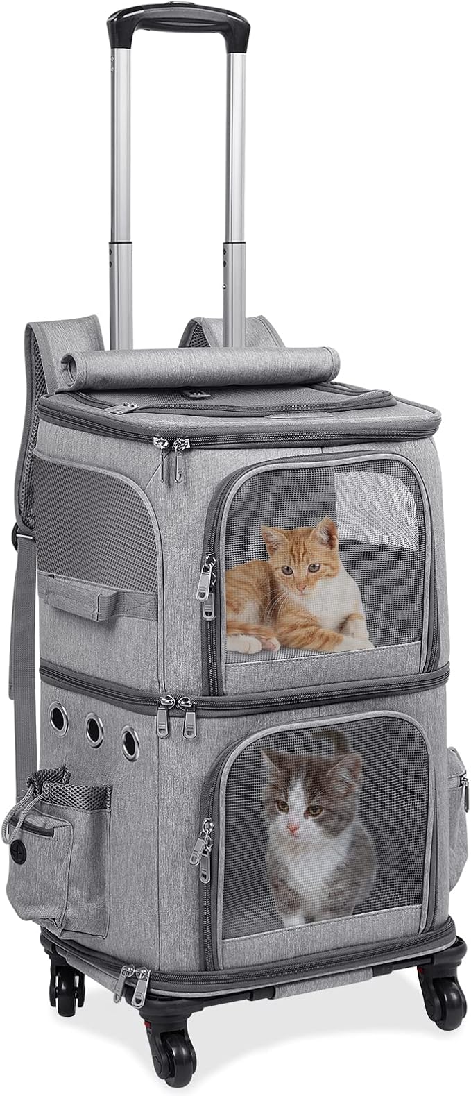 Extra Large Double-Compartment Pet Carrier Backpack with Wheels for Small Dogs and Cats, Cat Rolling Carrier for 2 Cats, Perfect for Traveling/Taking a Walk/Trips to The Vet, Grey