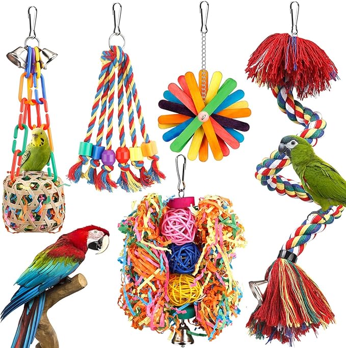 Bird Toys Rope Perch with Bell Colorful Bird Chewing Shredding Foraging Toys Parrot Swing Climbing Standing Hanging Toys Cage Accessories for Conure Cockatiel Budgies Lovebird