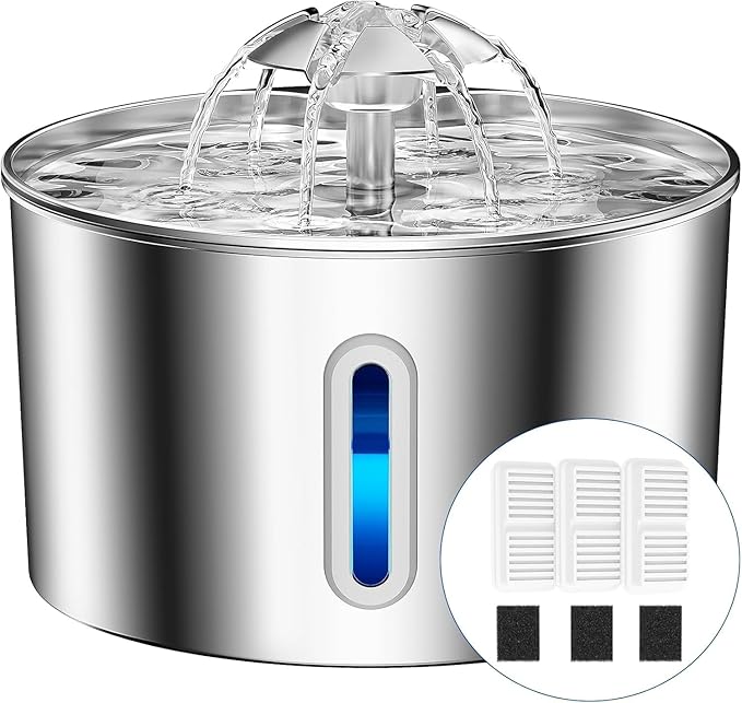 Cat Water Fountain Stainless Steel - 74oz/2.2L Pet Gift Dog Water Dispenser Automatic Silent Cats Dispenser for Drinking Indoor Metal Kitty Spout Fountains with 3 Filters & 3 Sponges Cat Dogs Gifts