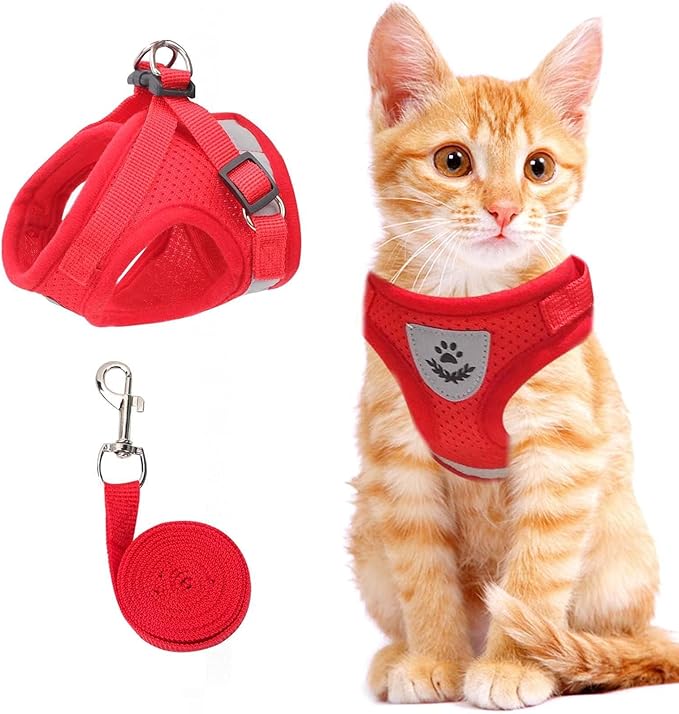Cat & Dog Vest Harness - All Weather Mesh, Reflective Strap, Step-in Adjustable for Small Cats & Dogs (Red, XS)