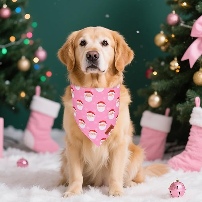 PTDECOR Christmas Dog Bandana, Santa Snowman Design Reversible Holiday Pet Scarf, Pink Triangle Fit Female Christmas Bandanas for Extra Large Dogs (X-Large)