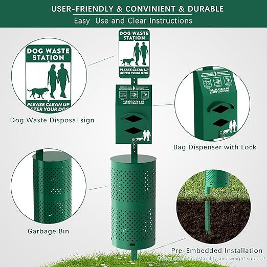 POCHAR Aluminum Rustproof Dog Waste Disposal Station for Pet Parks – 10 Gallon Outdoor Pet Poop Station with Reflective Sign & Lid – Durable Trash Bin for Backyard Dog Waste