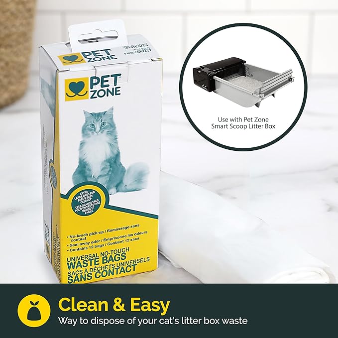 Pet Zone Universal No-Touch Cat Litter Bags & Waste Bag (Pet Waste Bag Great for Cat Litter Boxes) 12 Pack
