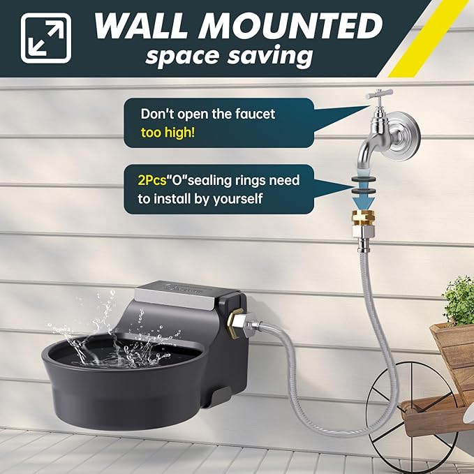 67OZ Automatic Water Dispenser for Dogs Cats Patented Auto-Filling Dog Water Bowl Dispenser Wall-Mount Saving Space Outdoor Dog Waterer Feeder Includes Fixed Part Copper Connector 3/4'' Water Hose