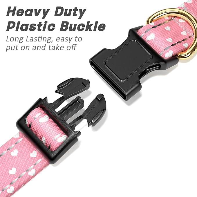 Reflective Dog Collar for Extra Small Dogs, Cute Adjustable Heavy-Duty Nylon Puppy Collars for Boy and Girl Female, Soft Pet Accessories with Quick Release Buckle, Neck 8-12", Pink Hearts