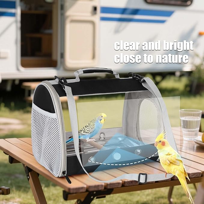 Bird Carrier, Portable Small Bird Cockatiel Conure Parrot Parakeet Carrier with Standing Perch and Stainless Steel Tray, Side Access Window Collapsible (Black, Cylinder Design - Clear)