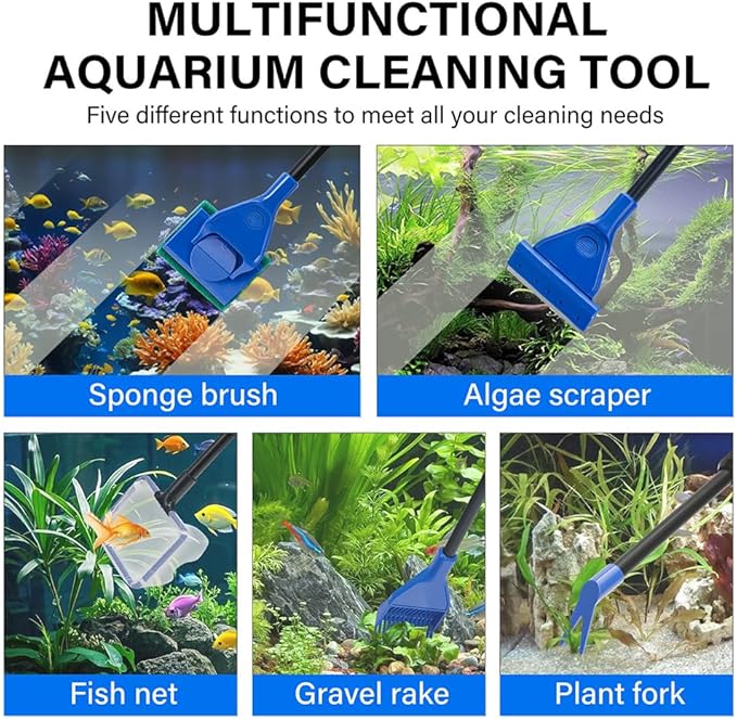 5 in 1 Fish Tank Cleaner Kit Aquarium Cleaning Tools with 19 Inch Anti-Slip Handle Fish Tank Cleaner with Algae Scraper and Fish Net