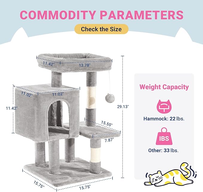 Allewie 29 Inches Cat Tree Tower/Plush Perches Platform/Condo/House/Sisal Scratching Posts/Multi-Level Activity Center Furniture for Kittens/Grey