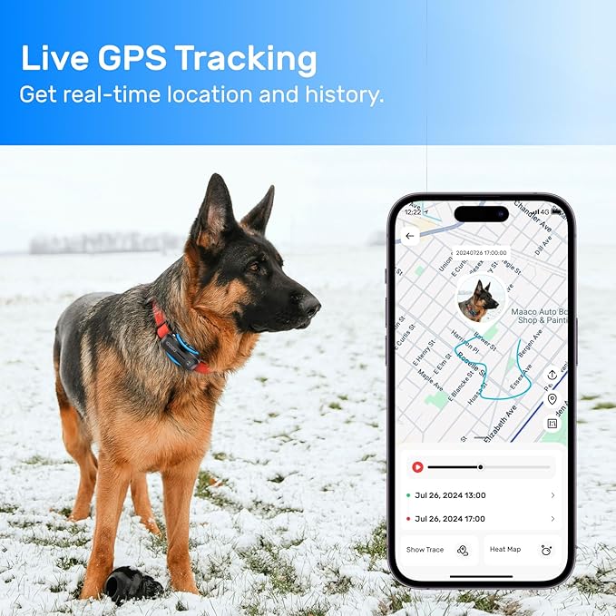 Dog GPS Tracker, Smart Waterproof Tracker with Real-Time Location, Escape Alerts, Activity Monitor, iOS & Android Compatible, for Dogs 40 lbs+ (Black)