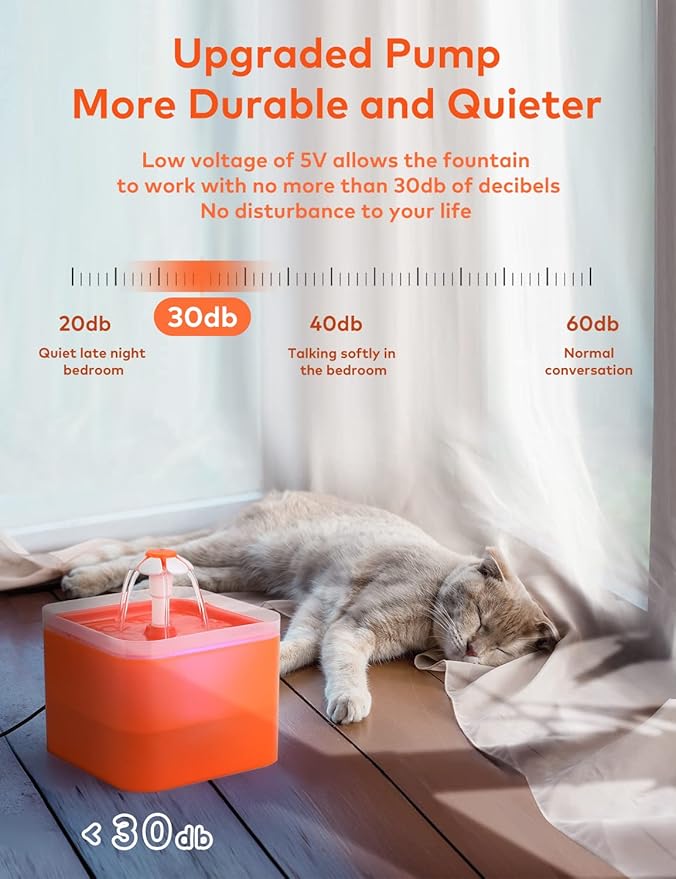 Cat Water Fountain Orange Cute: Waterfall Cat Fountain with Led Light - 67oz/2L Quiet Water for Cats Drinking Fountain - Pet Water Fountain for Cats Inside -AONBOY Filtered Water Supplies for Cats