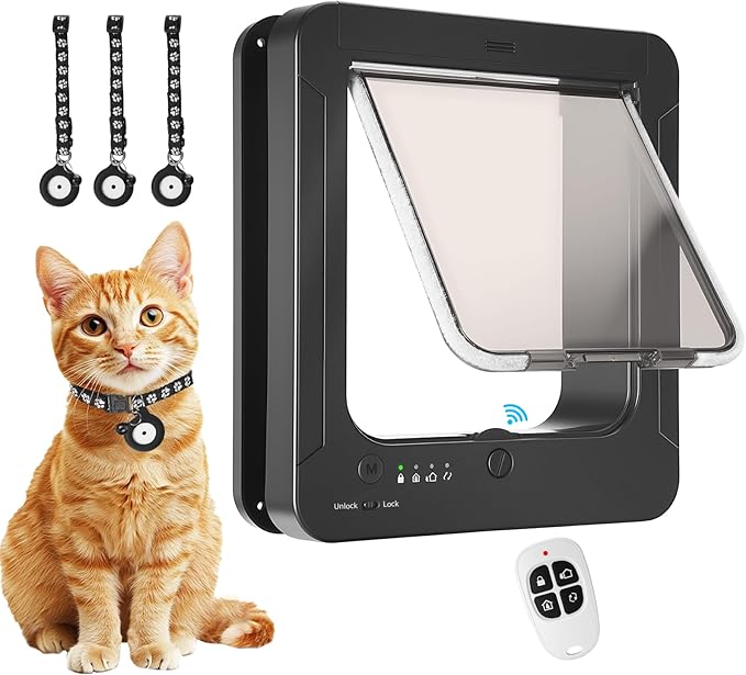 Smart Cat Door for Interior & Exterior, Cat Pet Door with 3 Collar Sensor Keys & 1 Remote Control & 4 Way Locking Cat Flap with RFID Collar Activated Opening