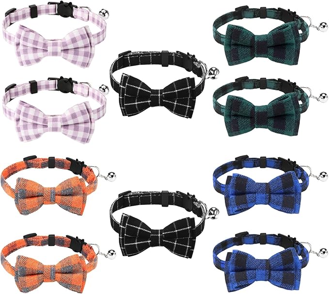 10 Pcs Cat Collar Breakaway with Bow Tie and Bell Kitten Collars Removable Bowtie Plaid Cat Collar for Cats Kittens Puppy Halloween Decor