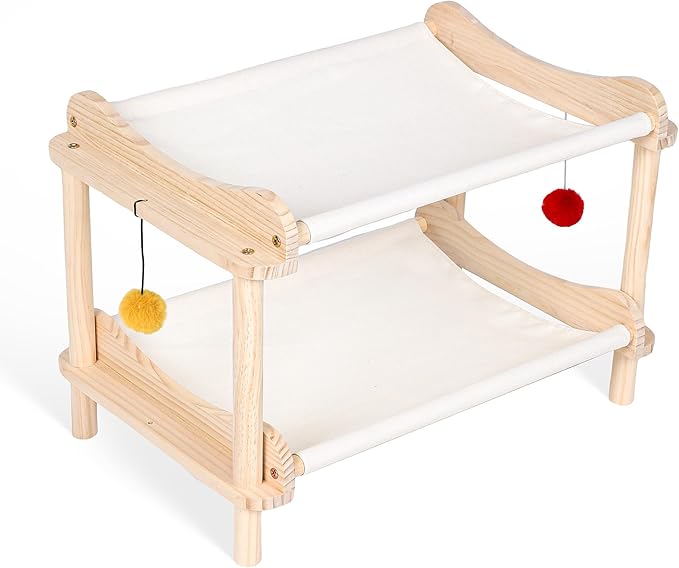 2-Layer Cat Hammock Bed, 24"x15.7"x16.3" Elevated Cat Bed with Pine Wood Frame, Breathable Washable Covers, Wooden Pet Furniture for Indoor Cats and Small Animals(White-2)