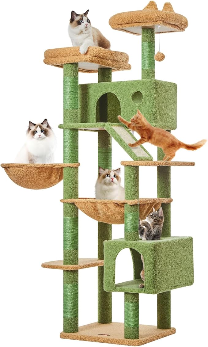 Taoqimiao Cactus Cat Tree, 71-Inch Cat Tower for Indoor Cats Large Adult, Multi-Level Large Cat Condo, 8 Sisal Scratching Posts, Metal Frame Cozy Hammock, Scratch Board, 2 Top Perches, MSC026L